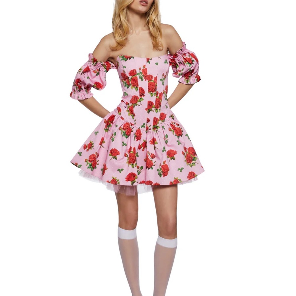 Red and Pink Off-Shoulder Puff Sleeve Mini Dress